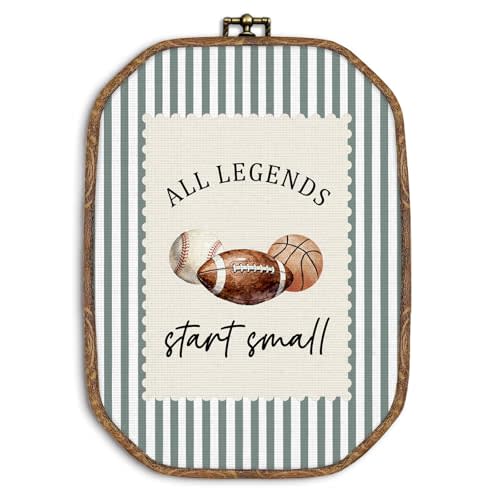 ZIKZAUDOU Vintage Sports Nursery Octagon Wall Art Framed, Football Baseball Basketball Canvas Prints Wall Decor, All Legends Start Small Hanging Decor for Kids Boys Room Nursery Playroom, 10.2x7 Inch
