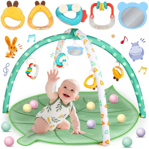 UUSUOO Baby Play Mat for 0-12 Months, Baby Gym Play Mat, Baby Activity Mat with 5 Infant Learning Sensory Toys & 20 Balls,Toddler Toys Birthday Gifts for Newborns 0-3-6-9-12 Months