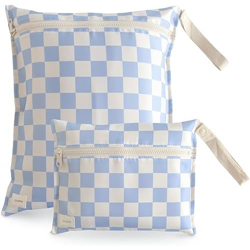 mushie Water Resistant Wet Bags | Large & Small Reusable Storage Bag for Baby Items and Travel | Zippered Pockets with Handle | Machine Washable, Set of 2 (Blue Check)