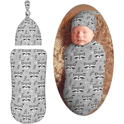 Cute Raccoon Doodle Gray Newborn Swaddle Blankets Hat Sets Soft Baby Receiving Blanket Swaddle Sack for Baby Shower Infant Boy Girl Gift