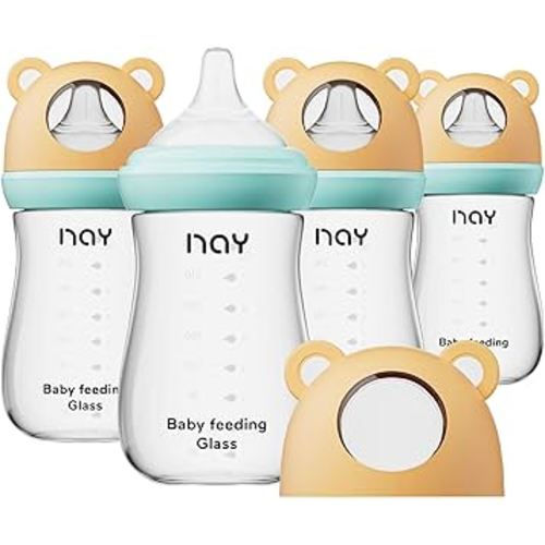 Natural Glass Baby Bottle for Breastfeeding Babies, 8oz Anti-Colic Baby Bottle with Natural Response Nipple(M), Clear, Wide Neck, 4 Pack, 3 Months+