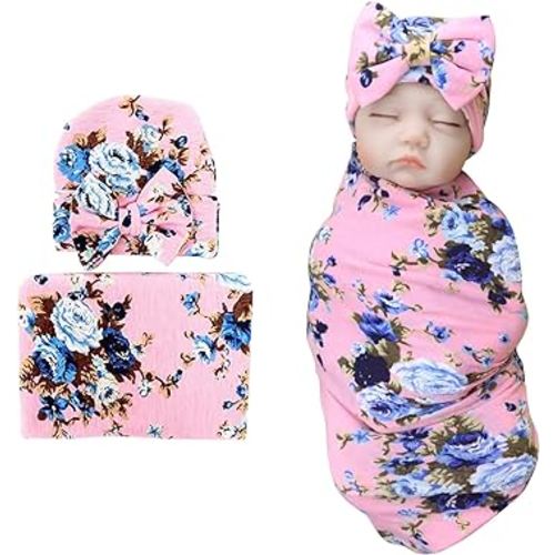 DRESHOW BQUBO Newborn Receiving Blanket with Bow Hat Set Flower Print Baby Swaddle Blanket with Beanie Nursery Swaddle Wrap