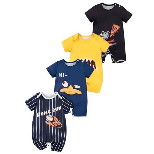 MOSSRIVER Baby Girl Outfits 4 Pack Short Sleeve Footless Romper Snap Crotch Closure Graphic Bodysuit Toddler Boys Clothes
