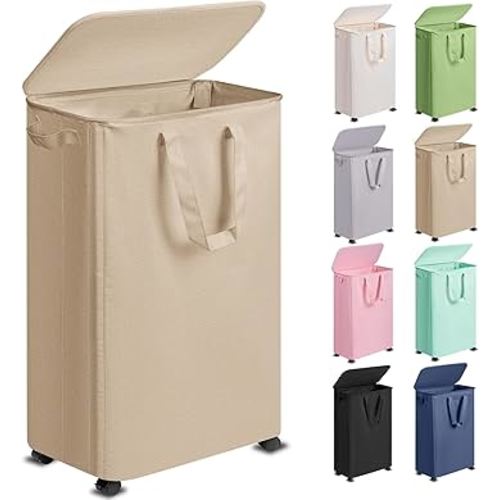 Slim Laundry Hamper with Lid and Wheels, Small Rolling Laundry Basket with Handle for Small Spaces, Tall Dirty Clothes Hampers for Dorm, Bathroom and Bedroom, 75L, Oatmeal