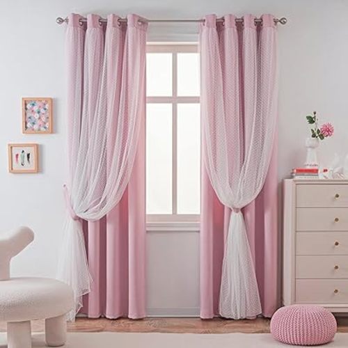 MYSKY HOME Light Pink Blackout Curtains for Girls Bedroom 84 Inches Long with Polka Dots Sheer Overlay Baby Pink Nursery Kids Room Drapes, Grommet Tops, 52" Wide, 2 Panels