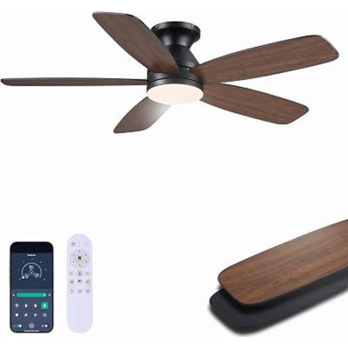 JSAITEE 48" Ceiling Fans with Lights Low Profile - Flush Mount Ceiling Fan with Light and Remote, 6 Wind Speeds Reversible, Quiet, 3CCT Dimmable, Fan Light for Modern Indoor, Bedroom, Kitchen, Brown