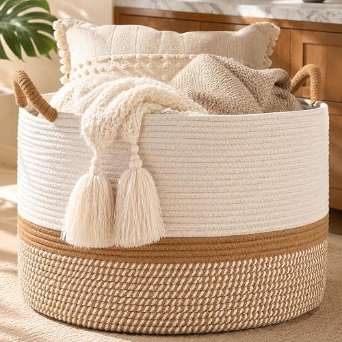KAKAMAY Large Blanket Basket with Handles, Storage Basket for Living Room