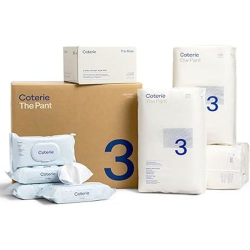 Coterie The Pant Pull On Diaper + Wipes Baby Kit, Size 3 (14-24 lbs) 156 Count + 4 Wipe Packs (224 Wipes) Made with Plant-Based Fibers, Hypoallergenic, Designed for Sensitive Skin, Clean Ingredients