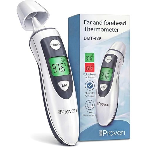 iProven Digital Thermometer for Adults Kids and Baby - Ear and Forehead 2-in-1, 1 Second Reading, Fever Alarm with Color Indicator, 20 Memory Recall - Medical Infrared Thermometer For The Whole Family