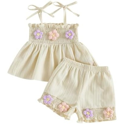 Amnnchya Baby Girl Summer Clothes 3D Floral Sleeveless Smocked Vest Tank Tops Ruffle Shorts Set Toddler Outfits For Girls