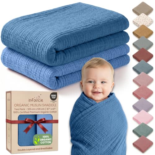 100% Organic Cotton 2 PK Muslin Swaddle Receiving Blanket 47x47 Inch | Oeko-TEX Certified, Swaddling Blanket, Swaddle Blankets For Newborns, Muslin Blanket Baby, Slate/Aquarious, For Baby Boys