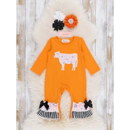 Pasture Pal Embroidered Ruffle Cow Romper