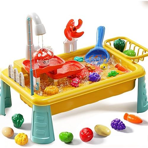 Water Table Toy for Kids 2 3 4 5 6 Years Old - Outdoor Kitchen Toys Set with Electrical Faucet, Toddler Fishing Games, Summer Beach Sensory Water Play Table, Gifts for Boy Girl 2+ 3-5(Yellow)