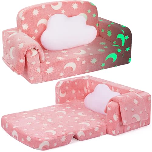 Foryoomi Extra Wide Kids Couch, Kids Sofa, Toddler Sofa, Glow in The Dark, 2-in-1 Soft Toddler Couch with Blanket and Pillow, Moon Style, Pink