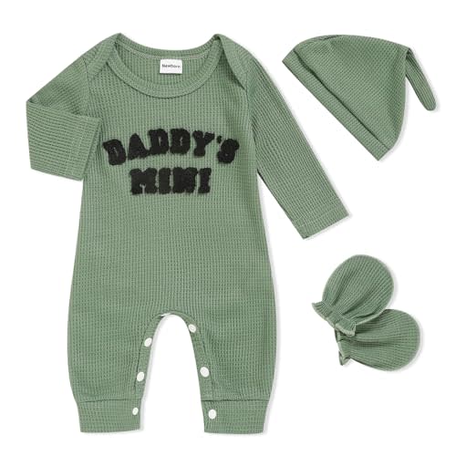 GRNSHTS Newborn Baby Boy Romper Coming Home Outfits Letter Print Bodysuit Jumpsuit+Hat+Gloves 3PCS Clothes Set
