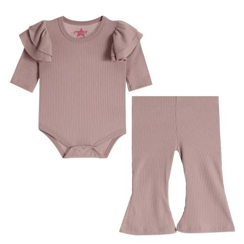 2pc Ribbed Ruffle Onesies Flare Pant Set