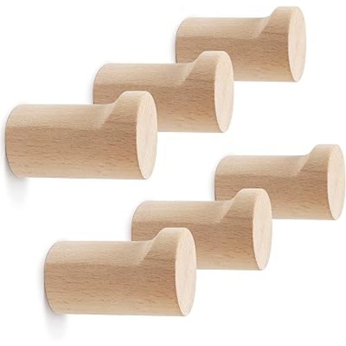 Wood Wall Hooks 6 Pack, Natural Wooden Coat Hooks Wall Mounted, Handmade Rustic Hat Hooks Heavy Duty Entryway Wall Hangers for Hanging Towels, Clothes, Bags (Beech Wood)