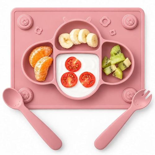 Suction Plates for Baby Placemat Spoon Fork Set for Toddlers, Silicone Baby Plates with Suction Baby Dishes for Kids Plates-pale mauve