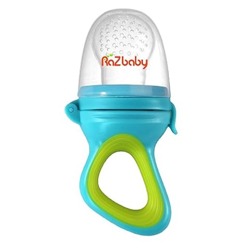 RaZbaby Baby Solids/Frozen Fruit Feeder Pacifier, Infant Teether Toy 6M+, BPA-Free Silicone Pouch & Nipple, Safely Introduce Solids, Natural Teething Relief, Dishwasher Safe, Freezable – Blue/Green