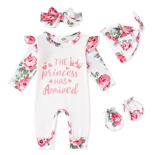 GRNSHTS Newborn Baby Girl Romper Infant Letter Print Jumpsuit Floral Bodysuit+Hat+Headband+Gloves Coming Home Clothes Outfits