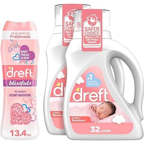 Bundle of Dreft Stage 1: Newborn Hypoallergenic Baby Laundry Detergent Liquid Soap, 46 Fl Oz, (Pack of 2) + Dreft Blissfuls In-Wash Scent Booster Beads, Baby Fresh, 13.4 oz