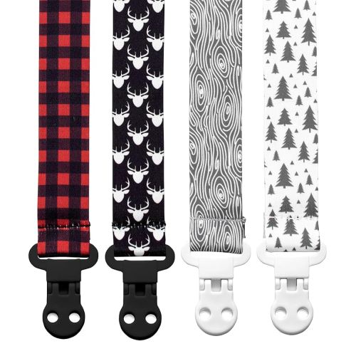 Baby Pacifier Clip Holder - Boy 4 Pack Gift Set – Plaid Deer Forest Woodland Trees Red Black Gray (Lumberjack)