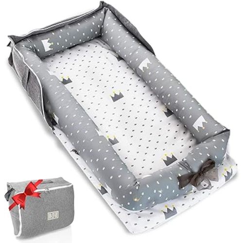 Baby Lounger for Newborn to Toddler 0-24 Months - Portable Infant Lounger with Breathable Cotton, Adjustable Size & Lengthen Space Travel Strap for Home, Outdoor (1. Crown)