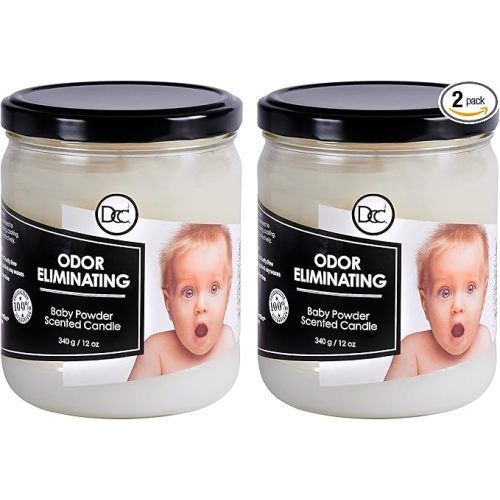 Baby Powder Two Pack Odor Eliminating Highly Fragranced Candle - Eliminates 95% of Pet, Smoke, Food, and Other Smells Quickly - Up to 80 Hour Burn time - 12 Ounce Premium Soy Blend