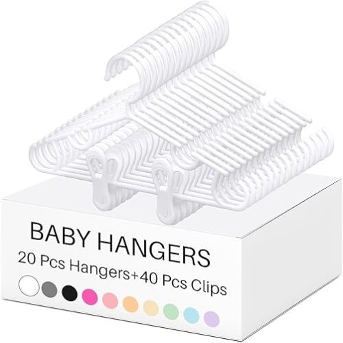 Hsei Nursery Hangers with Clips for Kids Baby Pants Hangers 10/20/40 Newborn Plastic Hanger with 20/40/80 Clip for Closet Toddler Clothes Coat Skirts Socks(White,60 Packs)