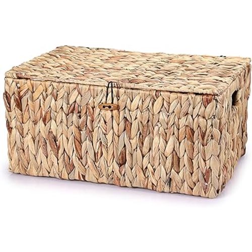 Hipiwe Wicker Storage Basket Bins with Lid, Large Water Hyacinth Baskets Box Rectangular Decorative Shelf Baskets Bin with Handles Handwoven Household Basket Boxes for Shelf Home Organizing