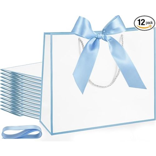 Silkfly 12 Pcs Gift Bags with Handles 12x10x4'' Wedding Gift Bags with Bow Ribbon for Bridesmaid Baby Shower Women Groomsmen Welcome Thank You Birthday Housewarming Hawaiian Party (White,Light Blue)
