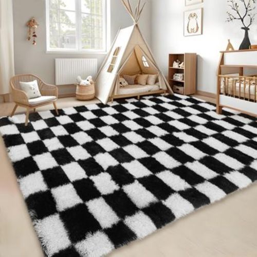 Area Rug for Bedroom Living Room Rug Fluffy Soft Checkered Rug Fuzzy Shag Shaggy Carpet, Indoor Plush Floor Rug for Dorm Nursery Home Decor Aesthetic