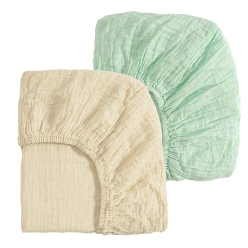 david's kids Muslin Mini Crib Sheets, 2 Pack Cotton Pack N Play Sheets for Boys Girls Neutral, Soft Breathable Baby Sheets Fit Pack N Play, Playard and Mini Crib Mattresses, Beige & Green