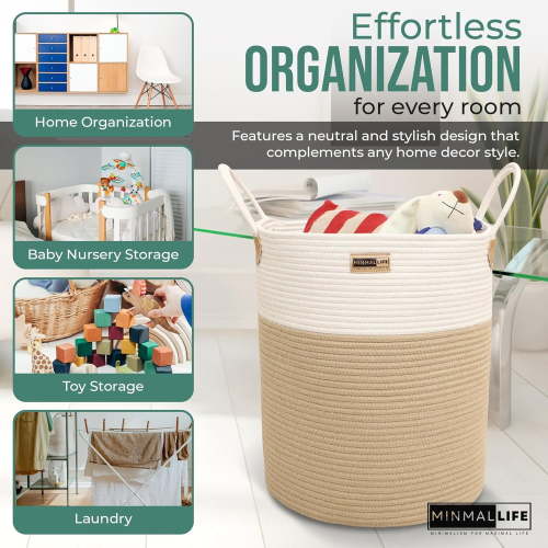 MinmalLife Large Basket for Storage - 16X18 Tan & White (Perfect for Toy, Blanket, Pet Storage or Clothes Hamper!)
