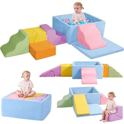 Foam Climbing Blocks, 6-Piece Soft Play Set with Ball Pit, Modular Baby Climbing Toys Indoor, Washable & Foam Playset for Crawling, Sliding & Balance (Balls Not Included)
