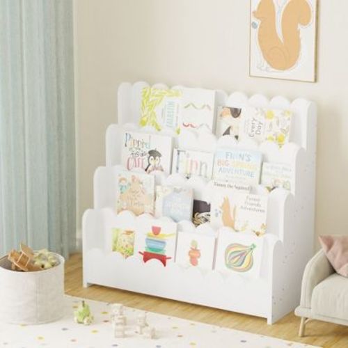 SpaceAid 4-Tier Scalloped Wooden Bookshelf – Montessori-Style Book Display for Kids’ Rooms, Playrooms & Classrooms, White