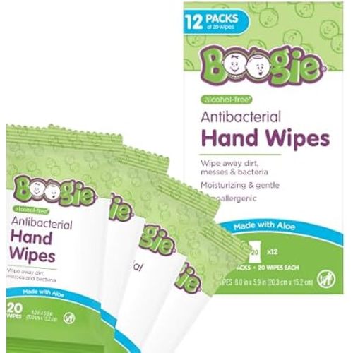 Antibacterial Hand Wipes by Boogie, Hypoallergenic and Moisturizing Aloe, Hand Wipes for Kids and Adults, 12 Packs of 20 (120 total wipes)