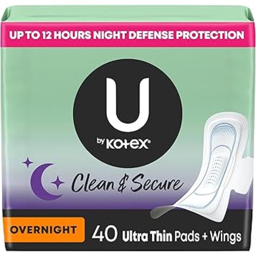 U by Kotex Ultra Thin Pads with Wings, Clean & Secure, Overnight Absorbency, 40 Count (Packaging May Vary)