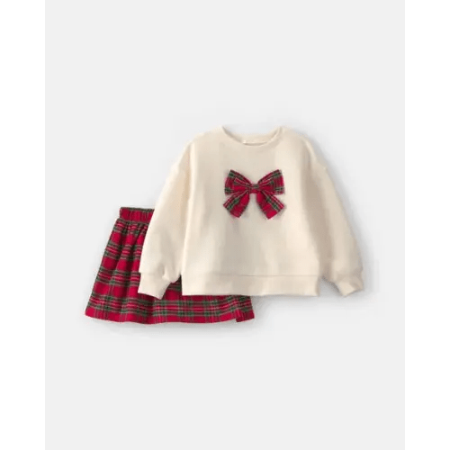 Baby Girl 2-Piece Bow Plaid Fleece Long-Sleeve Top & Skort Set - Cream/Red | Carter's