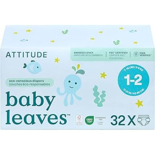 ATTITUDE Eco-Conscious Disposable Diapers, EWG Verified, Size 1/2 (7-17 lbs), Ultra Absorbent for Baby, Vegan & Plant-Based, 32 Count