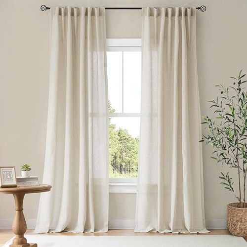 NICETOWN Natural Linen Curtains & Drapes for Windows 84 inch Long, Rod Pocket & Back Tab Thick Flax Semi Sheer Privacy Assured with Light Filtering for Bedroom/Living Room, W55 x L84, 2 Pieces