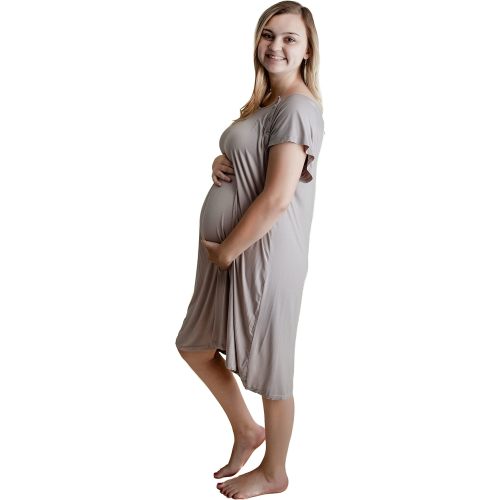 Three Little Tots Mommy Labor and Delivery Gown - Stretchy Soft Maternity and Nursing Nightgown (Harbor Mist, Medium/Large)