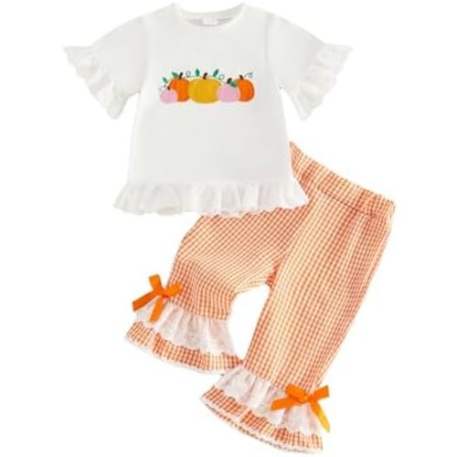 Birthday Baby Girl Outfit Letter Short Sleeve Tops Plaid Bell Bottoms Flared Pants Set Toddler Summer Clothes