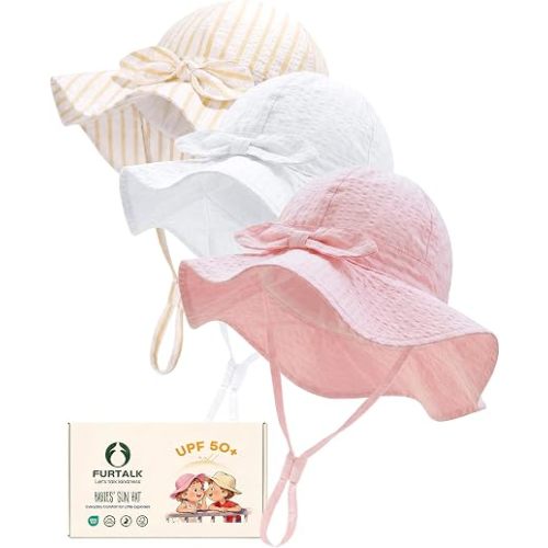 FURTALK 3 Pack Baby Sun Hat Toddler Beach Hat Girls UPF 50+ Wide Brim Infant Kids Summer Adjustable Sun Protection