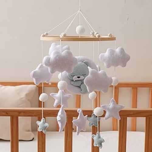 EERKEOD Baby Crib Mobile Bear Nursery Mobile for Boys Girls Teddy Velvet Mobile Nursery Decor for Infant Bedroom Hanging Baby Mobile for Bassinet Newborn Baby Gift(Brown Bear) (Blue)