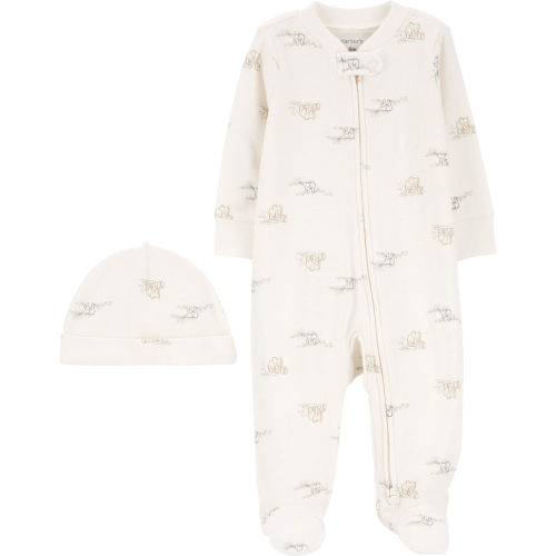 Baby 2-Piece 2-Way Zip Elephant Cotton Sleep & Play & Cap Set