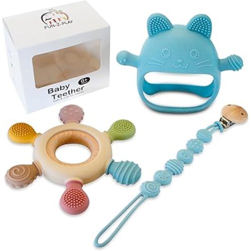 Baby Teething Toys for 0-12 Months Babies, 3 Pack, Silicone Pacifier Clip Holder with Teething Mittens and Silicone Teethers for Babies, Soft Handheld Teether Baby Chew Toys for Infants, (Blue)