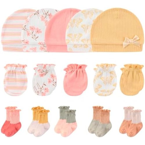 Newborn Baby Boy Girl Caps Mittens Socks Set Cotton Baby Essentials Accessories (Hats+Gloves+Socks)