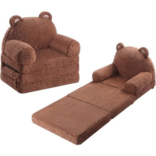 MOMCAYWEX Kids Sofa, Sherpa Couch with Tri-Layer Foam Cushions, Comfy Seating for Kids, Small, Brown