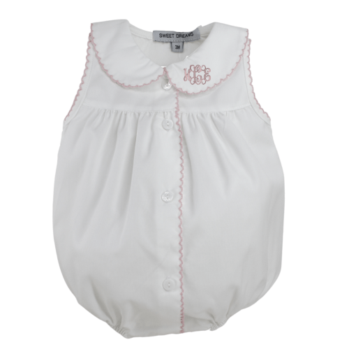 Baby Girls White Bubble Romper Pink Picot Trim - Hiccups Children's Boutique